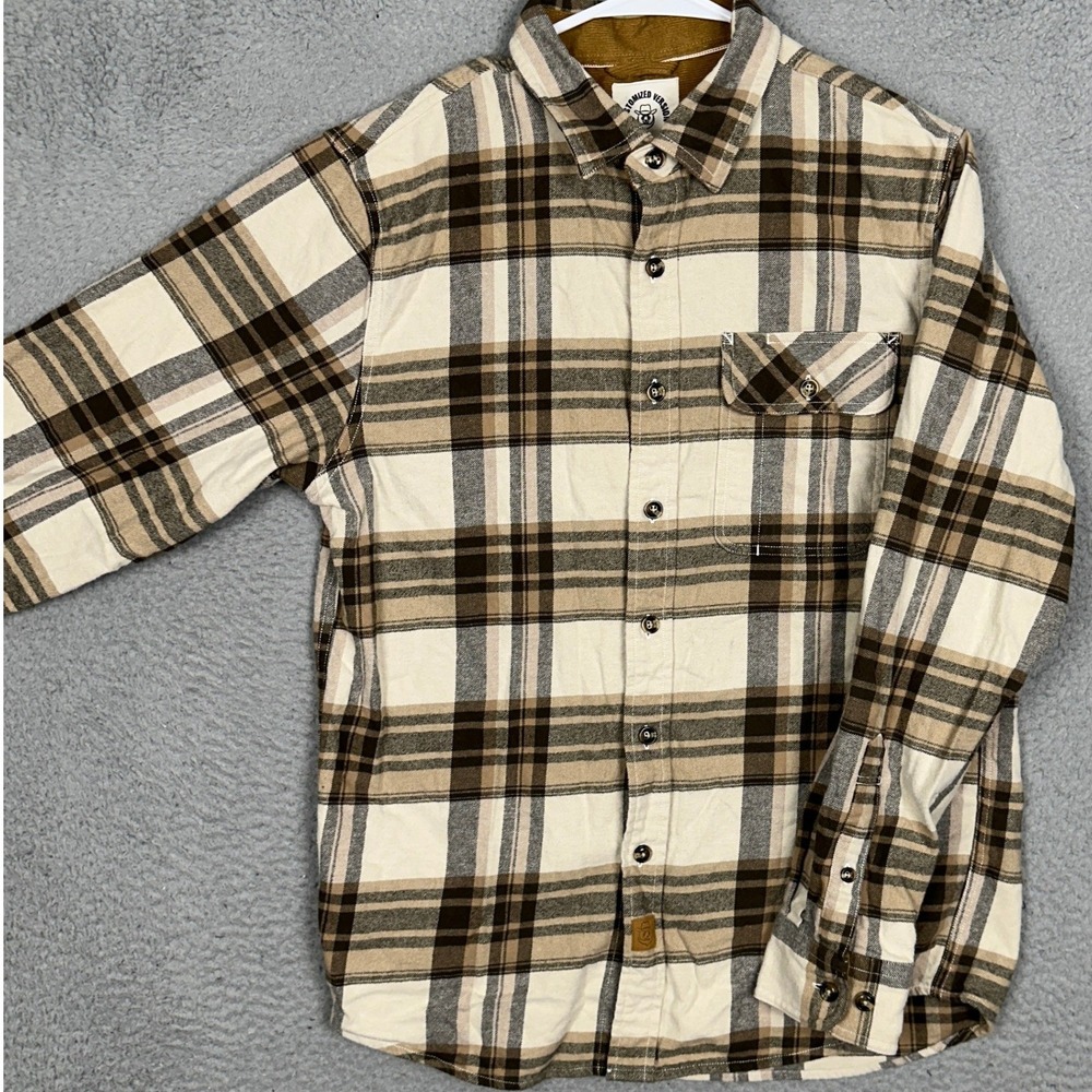 Dubinik Shirt Mens Small Brown White Flannel Plaid Long Sleeve Button Down EUC